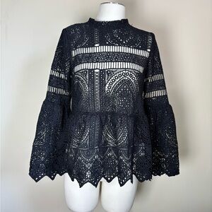 Boohoo Black Lace Blouse with Flared Sleeves